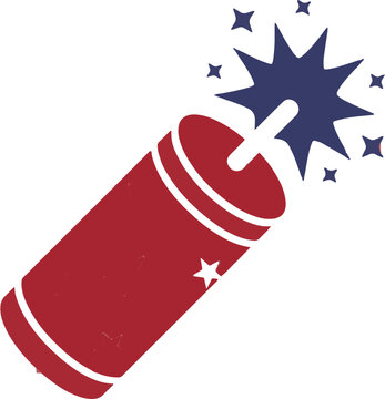 Patriotic firecracker vector illustration, red white and blue dynamite stick with lit fuse, vintage Fourth of July firework icon for holiday celebration