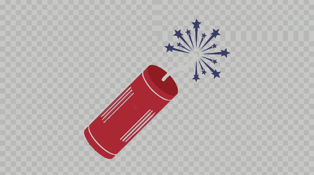 Red firecracker vector illustration, explosive dynamite stick with burning fuse, patriotic star sparkler firework for celebration and holidays