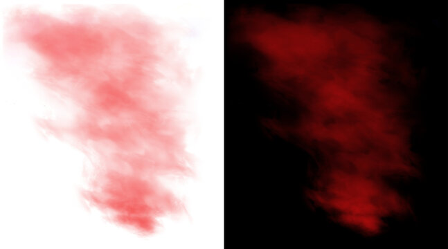 Red smoke cloud texture on white and black background, ethereal crimson mist overlay, atmospheric scarlet fog effect for creative design
