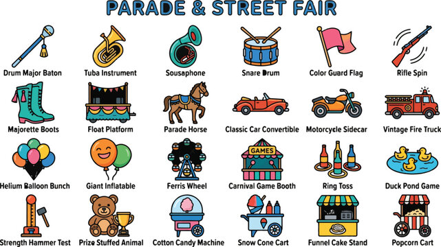 Parade and street fair icon set, 24 carnival festival vector elements, marching band instruments and amusement park attractions, flat line art style