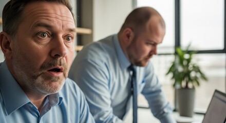 Fototapeta premium Shocked Businessman Reacting With Open Mouth While Looking At A Laptop Screen In An Office