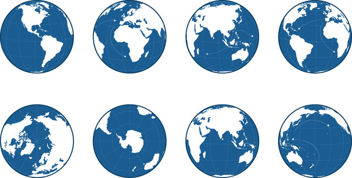 Set of eight blue Earth globe icons showing different continents and global map views,