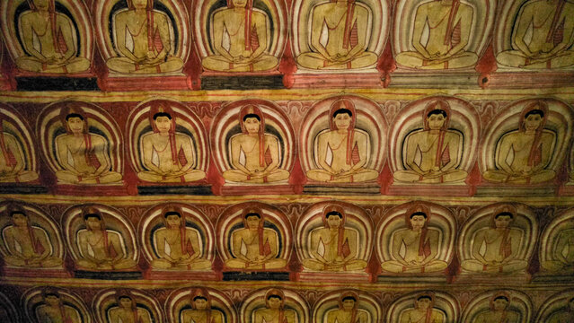 Murals of Lord Buddha at Dambulla Cave Temple (Rangiri Dambulla Cave Temple, Rangiri Dambulla Raja Maha Viharaya, Golden Temple of Dambulla), Dambulla, Matale, Sri Lanka.