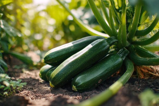 Green young zucchini. Green squash in vegetable field. Gardening with zucchini plant