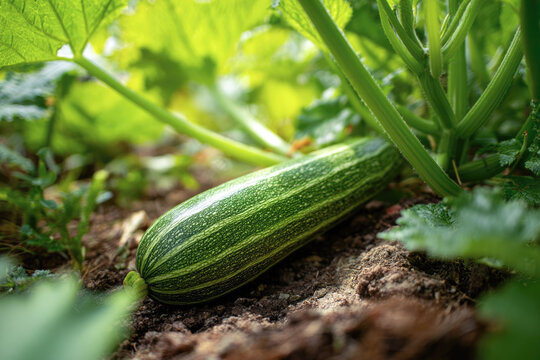 Zucchini plant. Zucchini flower. Green vegetable marrow growing on bush.