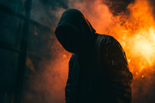Silhouette of a hooded man against the backdrop of a burning forest.