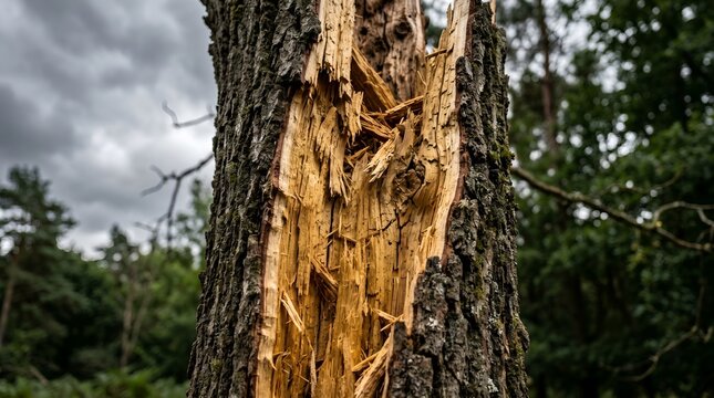 Close up of a lightning struck tree trunk in a forest.