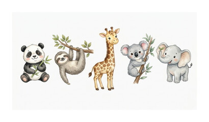 Fototapeta premium Watercolor Animal Character Collection With Panda Sloth Giraffe Koala And Elephant