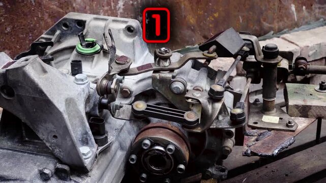 old gear shift box for a front-wheel drive car, example of how to shift numbers and letters to understand how the mechanism works