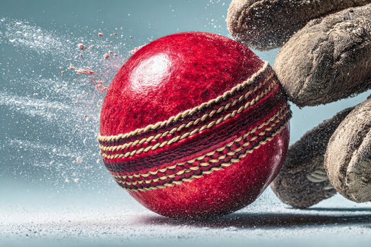 Cricket, ball and hand with a wicket keeper making a catch during a sports game outdoor on a pitch. Fitness, glove and caught with a sport player playing a competitive match outside during summer