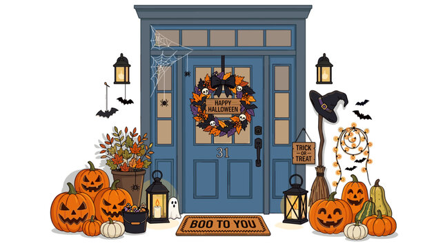Halloween decorated doorstep: A charming blue front door is adorned with spooky Halloween decorations, featuring pumpkins, bats, spiderwebs, and a festive wreath.