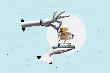White robot hand – a cyber bot holding a shopping cart with its fingers. Isolated on a plain, flat-design background. © Igor Link