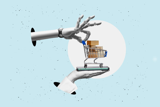 White robot hand &ndash; a cyber bot holding a shopping cart with its fingers. Isolated on a plain, flat-design background.