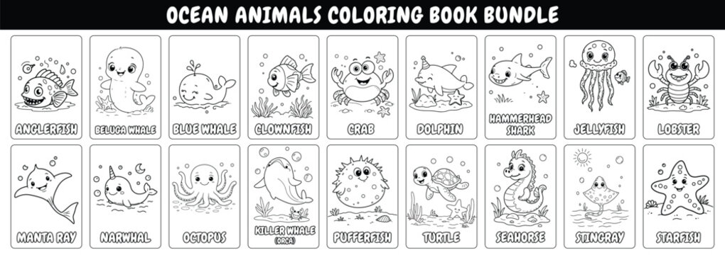 Ocean Animals Coloring Book Bundle Featuring Cute Marine Creatures, Printable Educational Activity Pages for Kids Learning and Creativity