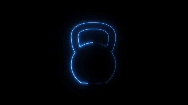Glowing neon Kettlebell animation HD video isolated Black Background. Sport equipment. 4K Video motion graphic animation.