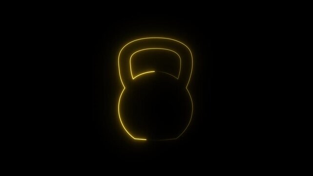 Glowing neon Kettlebell animation HD video isolated Black Background. Sport equipment. 4K Video motion graphic animation.