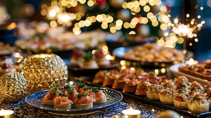 Fototapeta premium Festive buffet table laden with delicious appetizers and festive decorations