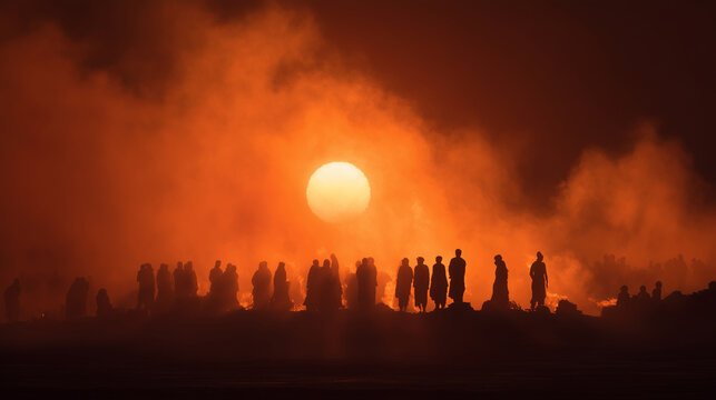 A silhouette of a group of people gathered around a sacred funeral pyre during sunset, traditional cremation ceremony, atmospheric and somber mood, cultural rituals, mourning and f