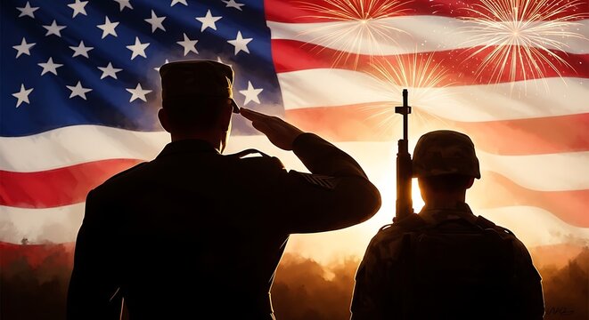 Independence day usa patriotic soldiers saluting american flag with fireworks display