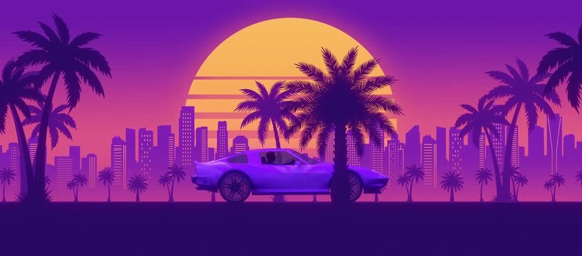 A seamless widescreen animation featuring a retro futuristic tropical skyline, glowing sunset and classic sports coupe. Designed as an atmospheric desktop wallpaper with a relaxing synth inspired mood