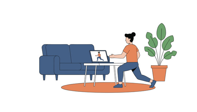 Active woman performs lunges at home while following an online fitness class on her laptop screen to maintain a healthy lifestyle and routine.