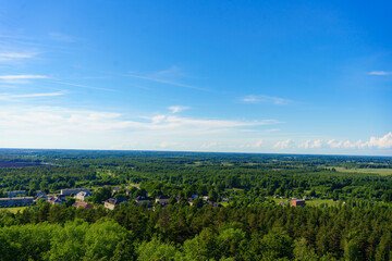 Obraz premium Scenic aerial view of a small rural town with residential houses nestled in a green forest. Panoramic landscape of a countryside village under a bright blue summer sky.
