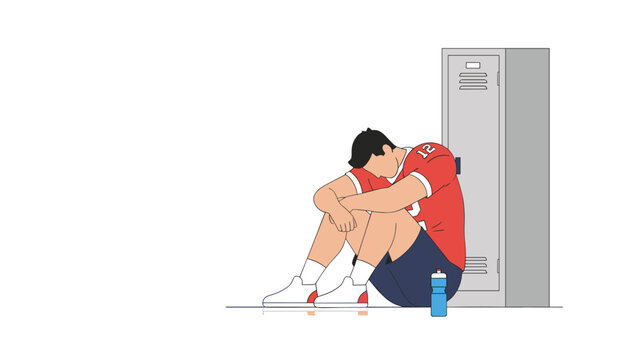 Exhausted sports player sitting on the floor leaning against a gym locker with a water bottle after a difficult and tiring game.