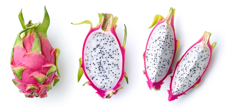Fresh whole, halved and sliced dragon fruit or pitahaya (pitaya)