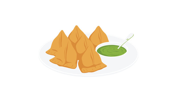 Crispy fried Indian samosas served with a bowl of refreshing green chutney sauce on a white plate ready for a delicious savory snack time.