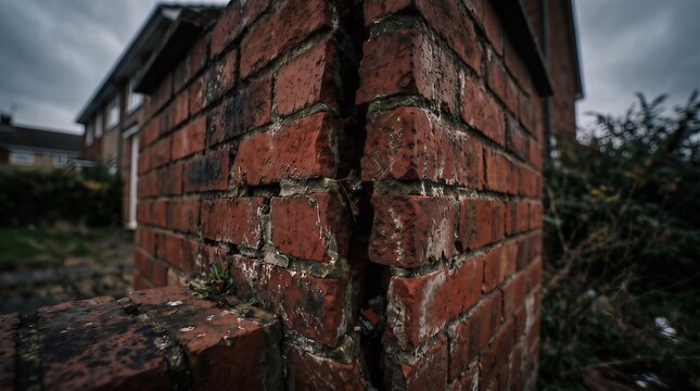 Large vertical structural crack in exterior red brick garden wall of residential house with structural foundation exterior residential building construction
