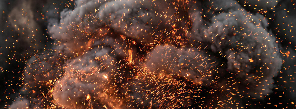 Large fireball explosion with thick dark smoke and flying bright sparks. Intense blast wave and fire glow for action backdrop. Military conflict, catastrophe and war game. Banner with copy space