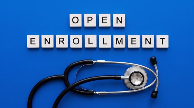 Open enrollment text on wooden blocks with black stethoscope on blue background for health insurance policy application and medical coverage period registration flat lay composition.