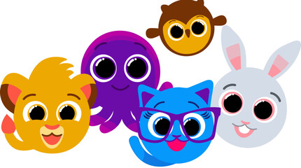 Fototapeta premium Cute Cartoon Animals: A vibrant and playful collection of adorable cartoon animal faces including a lion cub, octopus, owl, cat with glasses, and a rabbit.