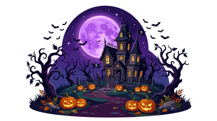 Spooky Mansion on a Full Moon Night: A classic haunted mansion stands ominously on a hill under a giant, glowing purple full moon, surrounded by gnarled trees, bats, and Jack-o'-lanterns. © Duran