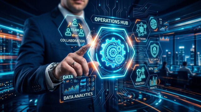 Businessman touching the business integration system and unified operations panel. Connected processes, seamless workflows, digital alignment and organizational harmony.