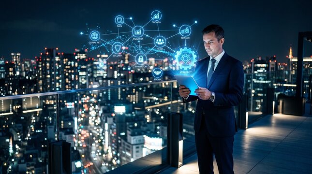 Businessman analyzing using tab data on business integration. System unification, digital transformation, process automation, enterprise workflow, and technology alignment strategies.