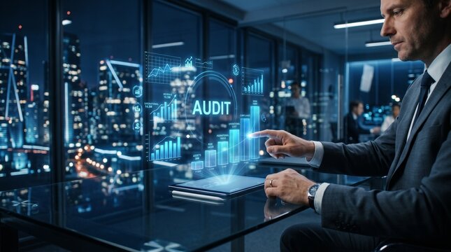 Businessmen use the tab analyzing audit and financial data. Compliance dashboard, risk management, financial analysis, corporate governance, business transparency