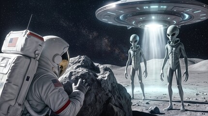 Fototapeta premium Astronaut hiding behind moon rock while observing grey aliens standing under flying saucer. First contact concept on lunar surface.