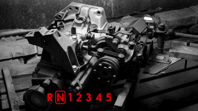 old gear shift box for a front-wheel drive car example of how to shift numbers and letters to understand how the mechanism works black and white video with red fonts