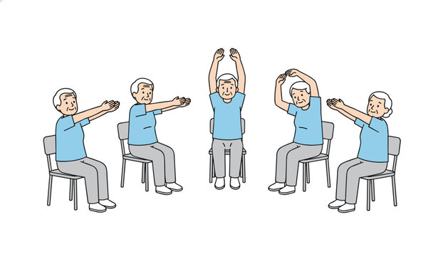 Active group of elderly seniors sitting on chairs and performing gentle arm exercises and stretches to maintain physical health and mobility.