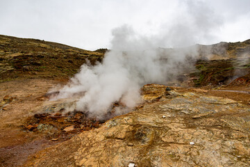 Fototapeta premium Thick steam rising from a geothermal fumarole in a rocky volcanic landscape under an overcast sky in Reykjadalur Valley Iceland