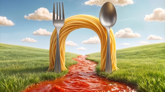 Giant fork and spoon supporting spaghetti arch over river of tomato sauce. Surreal food landscape with green hills and blue sky.