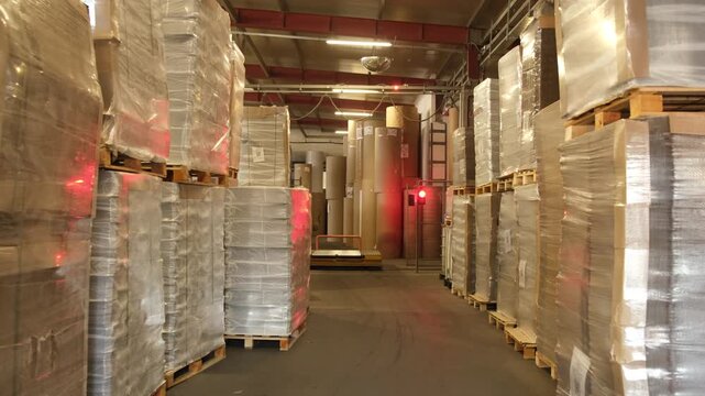 Interior of a spacious modern industrial warehouse showing rows of stacked cardboard packages wrapped in cellophane on wooden pallets under green safety lights.