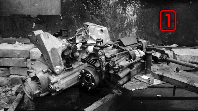 old gear shift box for a front-wheel drive car example of how to shift numbers and letters to understand how the mechanism works black and white video with red fonts