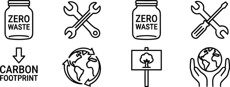Eco friendly icons set with zero waste and carbon footprint