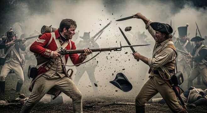 Soldiers fighting with bayonet and sword on battlefield. Historical reenactment of 18th century conflict during revolution. Dramatic war scene with infantryman engaged in combat.