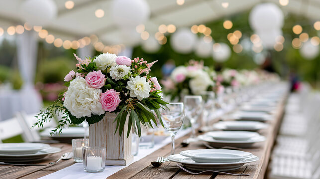 Close-up of a wedding reception table under a white tent with wooden centerpieces, pink and white flowers, white plates, string lights, and paper lanterns, defocused, with copy