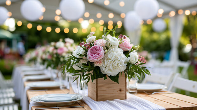 Close-up of a wedding reception table under a white tent with wooden centerpieces, pink and white flowers, white plates, string lights, and paper lanterns, defocused, with copy