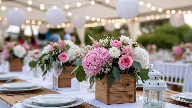 Close-up of a wedding reception table under a white tent with wooden centerpieces, pink and white flowers, white plates, string lights, and paper lanterns, defocused, with copy