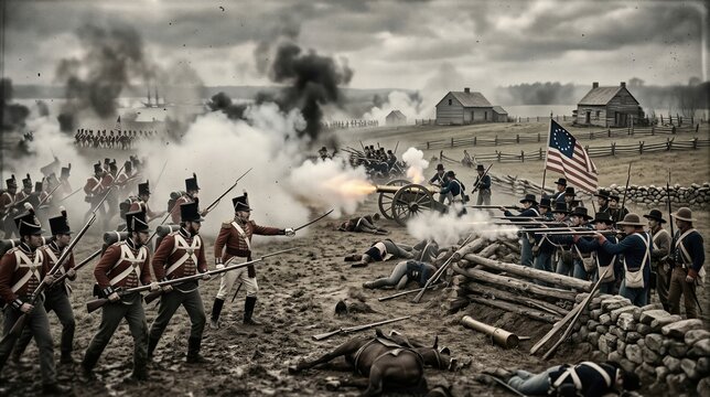 Soldiers in American Revolutionary War uniform fighting on battlefield. Musketeer, infantryman and artilleryman in combat. Historical conflict reenactment, military fight and attack.